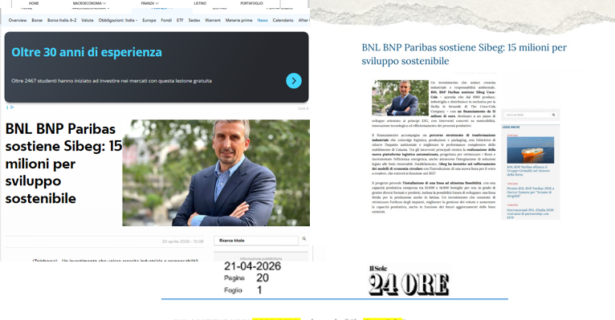 BNL BNP PARIBAS FINANZIA SIBEG CON 15 MILIONI DI EURO: INVESTIMENTI ESG PER INNOVAZIONE E TRANSIZIONE SOSTENIBILE
